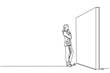 Tek sıra halinde, iş kadınlarını büyük engellerin ya da duvarların önünde düşünmeye zorluyor. Risk yönetimini temsil eden soyut. Çözüm bulmak ve problem çözme kavramı. Bir çizgi çizme tasarım vektörü