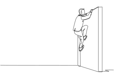 Sürekli bir hat çizen işadamı engel duvarına tırmanıyor ve sorunu çözüyordu. İş kavramı, takım metaforu. Başarılı lider iş adamı. Tek çizgi çizimi tasarım vektörü grafik çizimi