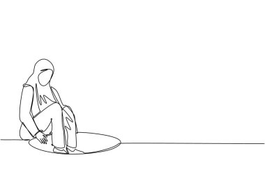 Arabistanlı iş kadınının çizdiği tek çizgi çukura iniyor. İş fırsatlarından yararlanamamak. Depresyon ve iş başarısızlığı konsepti. Devamlı çizgi çizim tasarım vektörü