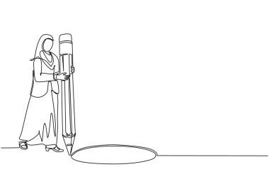 Tek sıra halinde, Arap iş kadını büyük kalemle çember çiziyor. İş hilesi. Kadın delik tuzağı yapıyor. Metafor. Başarısızlık. Yenilgi. Devamlı çizgi çizimi grafik vektörü