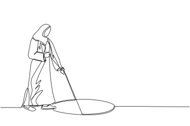 Aralıksız bir çizgi halinde, Arap iş kadını ipini deliğe uzatıyor. Meraklı bir kadın, büyük bir deliğe bakıyor, fırsattaki iş konsepti, keşif, meydan okuma. Tek çizgi çizme tasarım vektörü