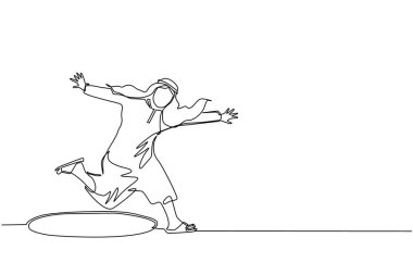 Sürekli bir çizgi halinde, Arap işadamı büyük bir sorunla yüzleşmek için çukura atlıyor. İş sorunları. Başarı için güç. Tek çizgi çizimi tasarım vektörü grafik çizimi