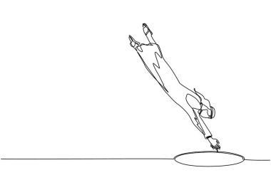 Tek sıra halinde Arap işadamı çukura atlıyor. İş fırsatlarından yararlanma başarısızlığı kavramı. Depresyon ve iş başarısızlığı konsepti. Devamlı çizgi çizim tasarım vektörü