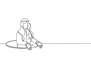 Arabistanlı işadamının delikten çıkmaya çalıştığı tek sıra, büyük bir sorunla yüzleşmenin metaforu. İş sorunları. Başarı için güç. Bir çizgi grafik tasarım vektör çizimi