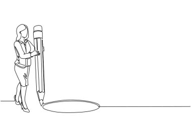 Tek sıra halinde, iş kadını büyük kalemle çember çiziyor. İş hilesi. Kadın delik tuzağı yapıyor. Metafor. Başarısızlık. Yenilgi. Devamlı çizgi çizimi tasarım vektörü illüstrasyonu