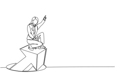 Tek sıra halinde, deliklerden çıkan oklar üzerinde duran bir iş kadını. Finans grafiğini yöneten kadın delikten yükseliyor. İş büyümesi konsepti. Modern sürekli çizgi çizim grafik vektörü