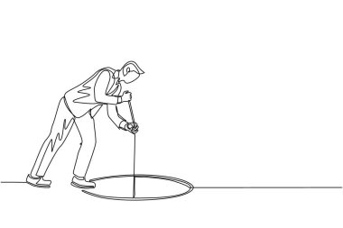 Sürekli bir çizgi halinde işadamı ipi deliğe uzatıyor. İnsan merak ediyor ve büyük deliğe bakıyor. Fırsattaki iş konsepti, keşif ya da meydan okuma. Tek çizgi çizme tasarım vektörü