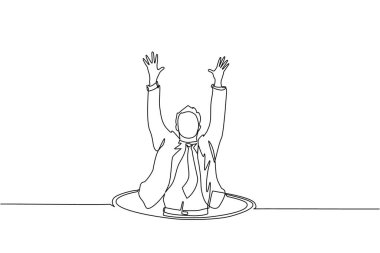 Tek sıra halinde iş adamı kanalizasyona düştü. Adam kanalizasyona düştü. Depresyon ve iş başarısızlığı konsepti. Metafor. Yenilgi. Bir çizgi çizimi tasarım vektörü illüstrasyonu