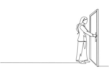 Arap iş kadınının kapı tokmağını çizdiği tek satır. Ofis binasındaki odaya giriyorum. Kapıyı açıp çalışma alanına girmek için kapı kolu tutan kız. Devamlı çizgi çizimi grafik vektörü