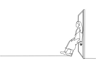 Bir satırda Arap iş kadını sırtını kapıya dayamış. İş sorunları. Başarı için güç. Engelleri aşma konsepti. Devamlı çizgi çizimi grafik vektörü