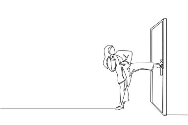 Tek sıra çizen Arap iş kadını kapıyı tekmeleyip bacağıyla kapattı. İş ve başarı. Agresif bir iş yaklaşımı. İş sorunları. Devamlı çizgi çizimi tasarım vektörü illüstrasyonu