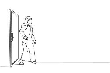 Genç Arap iş adamını sürekli bir çizgi üzerinde gezdirip kapalı kapıdan çıkartıyor. Yeni iş girişimleri. Yeni pazara giriyoruz. Kariyer gelişimi. Tek çizgi çizimi tasarım vektörü grafik çizimi