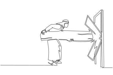 Sürekli bir çizgi halinde, Arap işadamları büyük kütükler tutuyor ve kapıyı yok ediyor. Zorlukların üstesinden gelmek, ve engelleri güç ve kaba kuvvetle yok etmek. Tek çizgi çizimi tasarım vektör çizimi