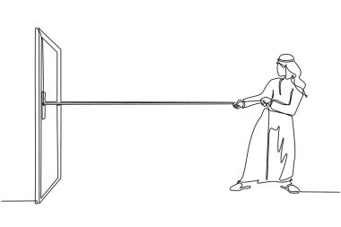 Tek sıra, Arap işadamının sürükleme kapısına halat çekmesi, büyük bir sorunla yüzleşmenin metaforu. İş sorunları. Başarı için güç. Aralıksız çizgi çizimi tasarım grafik vektör çizimi