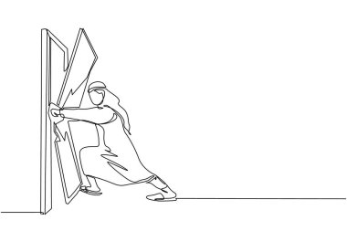 Sürekli olarak Arap işadamlarının kapıyı yumruklayarak ve yok ederek çizdiği bir çizgi. Girişlerin engelini kaldırmak, zorlukların üstesinden gelmek, güç kullanarak engelleri ortadan kaldırmak. Tek çizgi çizme tasarım vektörü