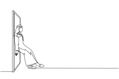 Aralıksız tek sıra halinde, Arap işadamı kapıyı sırtından itiyor. İş sorunları. Başarı için güç. Engelleri aşma konsepti. Bir çizgi çizimi grafik tasarım vektörü