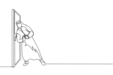 Sürekli koşan Arap işadamı çizgileri kapıyı kırmak istiyor. İş mücadelesi. Başarı için güç. Kapalı kapılar açılıyor. Tek çizgi çizimi tasarım vektörü grafik çizimi