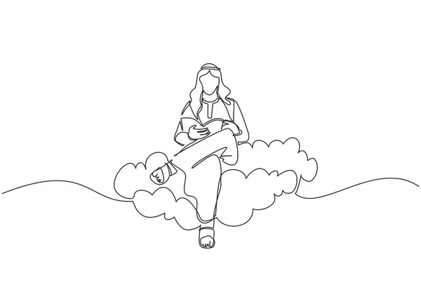 Непрерывная Линия Изображающая Арабского Мужчину Сидящего Облаке Читающего Книгу Бизнесмен — стоковый вектор