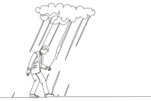 Непрерывная Линия Изображающая Несчастного Подавленного Бизнесмена Стрессе Идущего Облаком Дождя — стоковый вектор