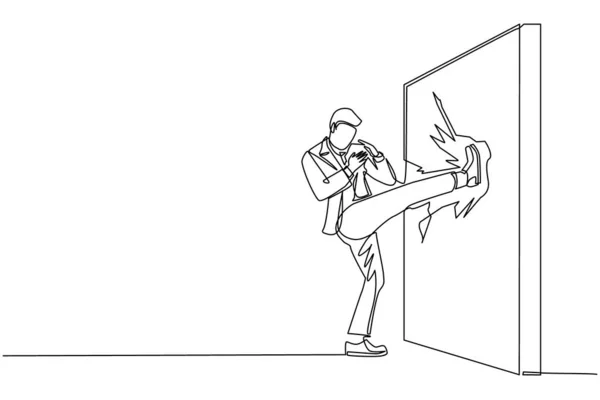 Eine Durchgehende Linie Zeichnet Einen Geschäftsmann Der Kung Oder Karate — Stockvektor