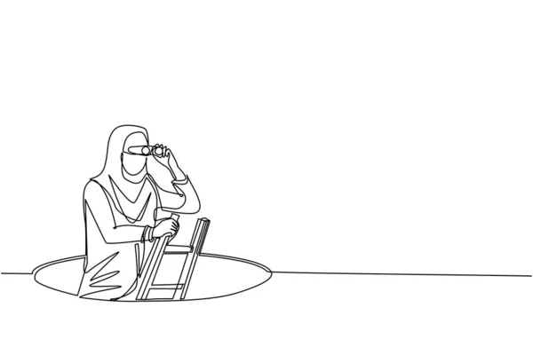 Непрерывная Линия Изображающая Арабскую Деловую Женщину Вылезающую Ямы Лестнице Использующую — стоковый вектор