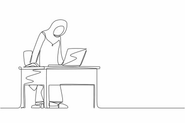 Sinirli ve öfkeli Arap iş kadınının çalışma masasında bağırıp çığlık attığı tek satır. Kötü çalışma alanı duyguları. Devamlı çizgi tasarımı grafik vektör illüstrasyonu