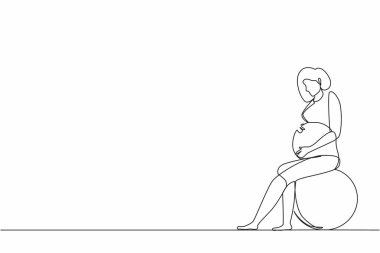 Hamile bir kadının sürekli çizdiği tek sıra Fitball 'da oturuyor. Kadınlar için spor eğitimi. Sağlıklı bir yaşam tarzı. Hamile fitness kızı. Hamile kadınlar için spor. Dinamik bir çizgi tasarım grafik vektörü