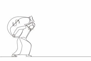 Sırtında büyük ve ağır para çantası taşıyan Arap işadamlarının çizdiği tek sıra. Finansal sorun, vergilendirme yükü veya iş borcu, son teslim tarihi kavramı. Bir çizgi çizimi grafik tasarım vektörü