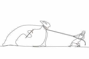 Arap iş kadınlarının çizdiği tek sıra, çok ağır olduğu için büyük para çantası çekmeye çalışıyor. Şirket rekabeti ya da iş mücadelesi. Devamlı çizgi çizimi tasarım vektörü illüstrasyonu