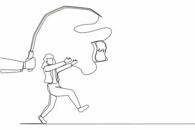 Hipnoz altında olta ve para kontrolü yapan açgözlü iş kadınıyla tek bir çizgi. Kadın doların peşinden koşuyor, yakalamaya çalışıyor. Devamlı çizgi çizim tasarım vektörü