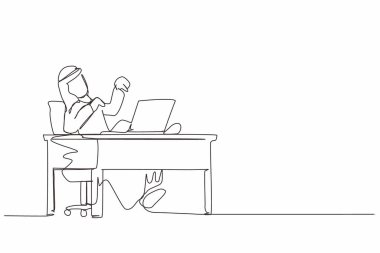 Arbiyalı işadamının dizüstü bilgisayarı işaret ederken kahkahalarla güldüğü tek sıra. Mutluluk, iş başarısı, galibiyet, lider, gelişme konsepti. Bir çizgi grafik tasarım vektörü