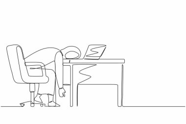 Profesyonel tükenme sendromu çeken tek satır. Yorgun, yorgun ve yorgun bir Arap kadın yönetici ofiste üzgün, sıkıcı bir şekilde dizüstü bilgisayar başında oturuyor. Devamlı çizgi çizimi tasarım vektörü illüstrasyonu