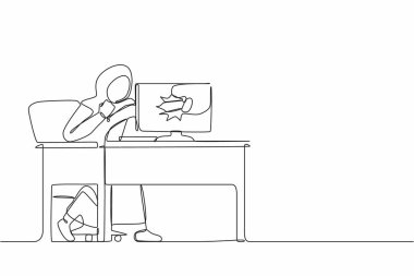 Kızgın Arap iş kadınını çizen bir satır dizüstü bilgisayarını kırar ve masada otururken yumruğunu sıkarak ona vurur. Hüsrana uğramış bir kadın bilgisayar ekranında delik açıyor. Tek çizgi tasarım vektörü