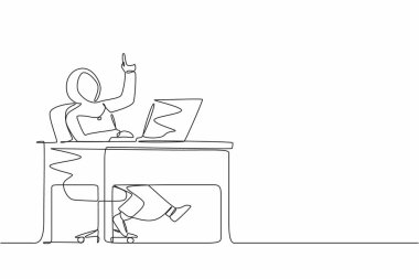 Masada dizüstü bilgisayarla çalışırken Arap iş kadınının aklına parlak bir fikir gelmeye devam ediyor. Masada bilgisayarla çalışan bir bayan yönetici. İnsanlar fikir edinir. Tek çizgi çizme tasarım vektörü