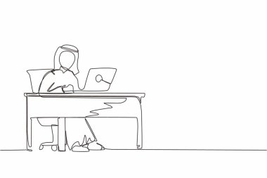 Ofiste çalışan erkekleri çeken tek çizgi. Arap işadamı çalışıyor, daktilo ediyor ve mesaj gönderiyor. İş, masa, bilgisayar. İş yeri ve iletişim konsepti. Devamlı çizgi tasarım grafik vektörü