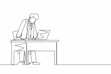 Sinirli ve öfkeli işadamlarının çalışma masasında bağırıp çığlık attığı tek sıra. Kötü çalışma alanı duyguları. Bir çizgi çizimi grafik tasarım vektör çizimi