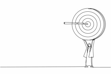 Tek sıra halinde, Arap iş kadını okla büyük hedefi tutuyor. Başarılı bir fikrin sembolü olan kadın menajer. Modern sürekli çizgi çizimi tasarım grafik vektör çizimi