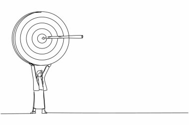Aralıksız tek sıra halinde profesyonel iş kadını okla hedefini tutuyor. Başarılı bir fikrin sembolü olan kadın menajer. Tek çizgi çizimi tasarım vektörü grafik çizimi