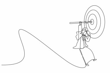Arap işadamının hedefe ok atması, iş başarısı konsepti. İş adamı hedefin merkezinde pruvada asılı duruyor. Bir çizgi çizimi grafik tasarım vektör çizimi