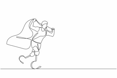 Aralıksız bir çizgi, engelli atlet çiziyor. Protez bacaklı sporcu bayrak tutuyor. Atletik erkek tezahürat yapıyor ve havada bayrak sallayarak koşuyor. Tek çizgi grafik tasarım vektörü