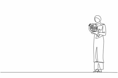 Tek sıra halinde tesettürlü Arap bayan müzisyen Fransız kornosunda klasik bir melodi çalıyor. Enstrümantalist müzik enstrümanı çalıyor. Trompetli kadın. Bir çizgi çizimi grafik tasarım vektörü