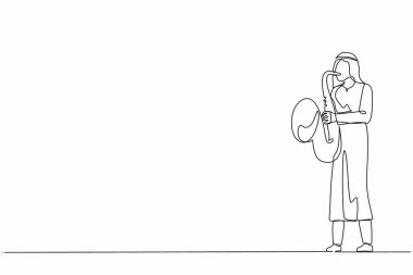 Arap saksafoncusu çizen tek satır. Caz ya da blues müzisyeni, adam saksafon çalıyor. Festival caz müziğinde erkek sanatçı, caz grubu performansları. Devamlı çizgi tasarımı grafik vektör illüstrasyonu