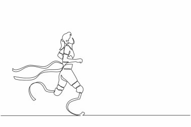 Genç bayan sporcuların sürekli çizdiği tek çizgi yarışmayı kazanıyor. Ampüte olmuş ve bitiş çizgisini geçen engelli bir sporcu. Spor, yaz sakatlığı oyunları, iyileşme. Bir çizgi grafik tasarım vektörü