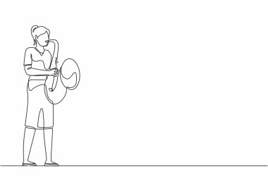 Saksafoncu çizen tek satır. Caz ya da blues müzisyeni, kadın saksafon çalıyor. Festival caz müziğindeki kadın sanatçı, caz grubu performansları. Devamlı çizgi tasarımı grafik vektör illüstrasyonu