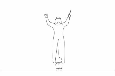 Aralıksız tek sıra halinde, Arap kondüktör sahnede performans sergiliyor, smokinli erkek müzisyen klasik enstrümantal senfoni orkestrasını yönetiyor. Tek çizgi çizimi tasarım vektör çizimi