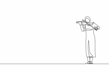 Tek sıra halinde, keman çalan Arap kadın müzisyen. Müzik enstrümanı olan klasik bir müzisyen. Müzik festivalinde keman çalan bayan müzisyen. Devamlı çizgi tasarım grafik vektörü