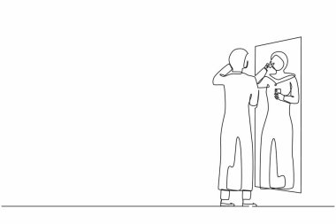 Sürekli olarak, resmi tesettüre bürünmüş Arap iş kadını aynanın önünde selfie çekiyor. Kadın selfie çekiyor. Akıllı telefon ve internet bağımlılığı. Tek çizgi çizme tasarım vektörü