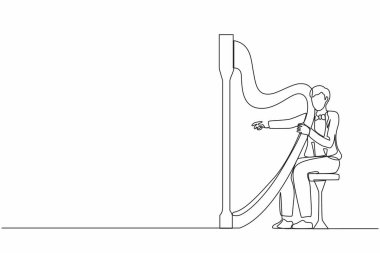 Tek sıra halinde arp çalan müzisyen. Müzik enstrümanlı klasik müzik karakteri. Erkek oturuyor ve arp çalıyor. Aralıksız çizgi çizimi tasarım grafik vektör çizimi