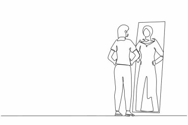 Tek sıra halinde, Arap iş kadını aynada yansımaya bakıp süper kahramanı dikilirken görüyor. Liderlik, hırs ve kendine güven. Bir çizgi grafik tasarım vektör çizimi
