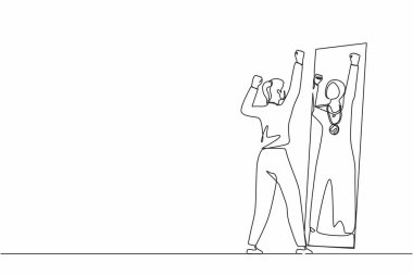 Bir satırda narsist Arap iş kadını aynaya bakıyor, kendini altın madalyayla, kendine güvenle yansıtıyor. Aralıksız çizgi çizimi tasarım grafik vektör çizimi